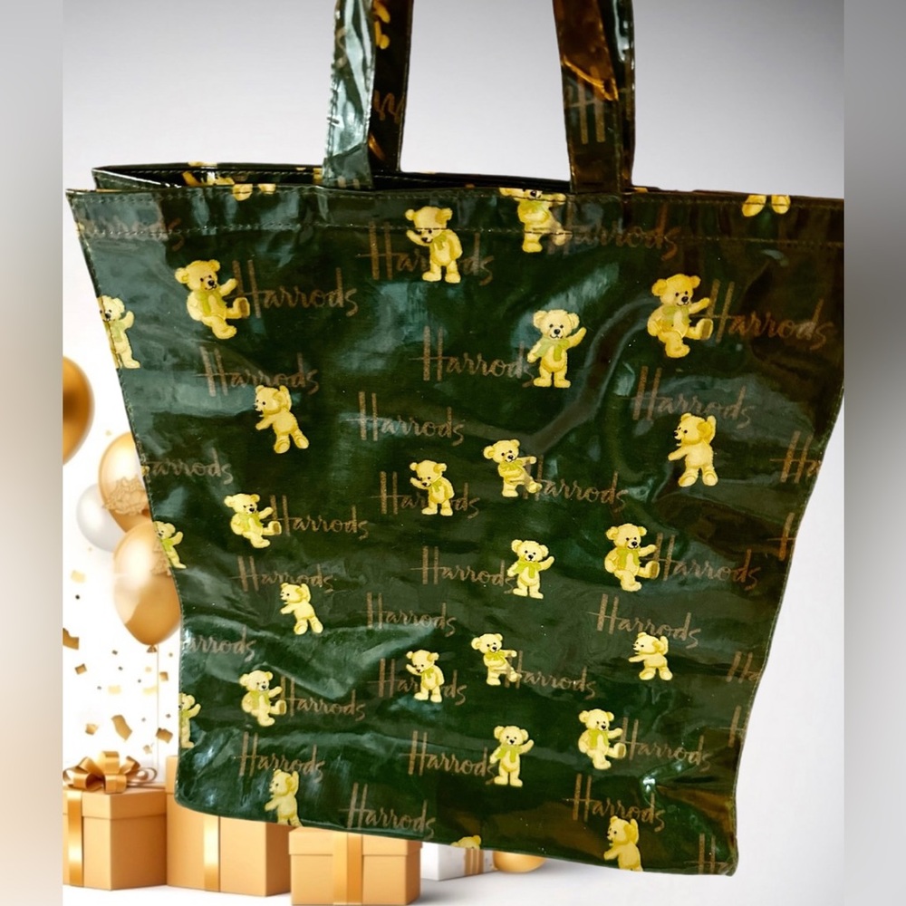 Harrods RARE Vintage Dark Green Harrods Teddy Bear Shiny PVC Tote